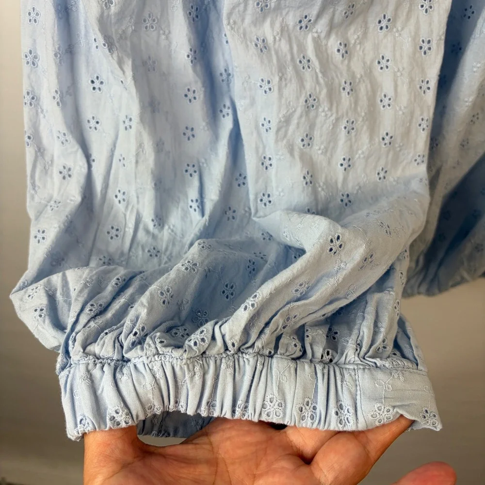 Scoop Eyelet Pants Women XXL 20 Light Blue Cotton Balloon Drawstring Boho